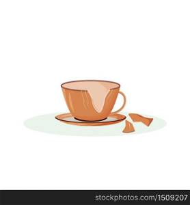 Broken cup cartoon vector illustration. Cracked teacup, shattered crockery flat color object. Traditional superstition, good luck sign. Smashed ceramic mug isolated on white background