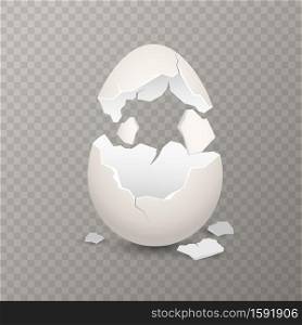 Broken egg. Chicken cracked eggshell. Opened white egg with broken shell, farm bird incubator, culinary cooking nutrition ingredient, vector realistic isolated illustration on transparent background. Broken egg. Chicken cracked eggshell. Opened egg with broken shell, farm bird incubator, culinary cooking nutrition ingredient, vector realistic illustration on transparent background