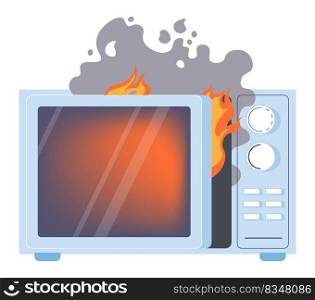 Broken electric microwave oven with flames, fire, and smoke. Kitchen appliances and technologies for cooking and heating. Overheated or damaged gadget for household. Equipment vector in flat. Burning broken microwave oven, fire and flames