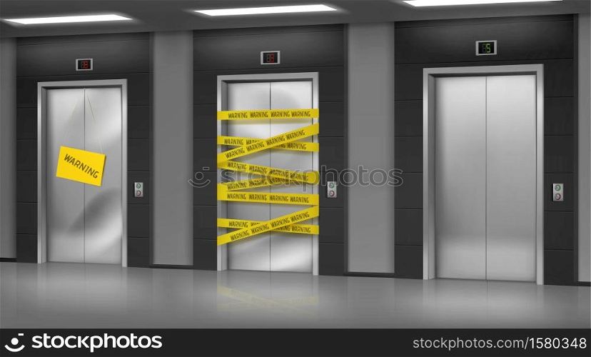 Broken elevators closed for repair or maintenance. Warning sign hang on lift damaged doors with dent, chrome metal doorway gate wrapped with warning yellow stripe, realistic 3d vector Illustration. Broken elevators closed for repair or maintenance.