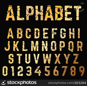 Broken font alphabet. Set of letters and numbers cracked design. Vector illustration.. Broken font alphabet. Set of letters and numbers cracked design