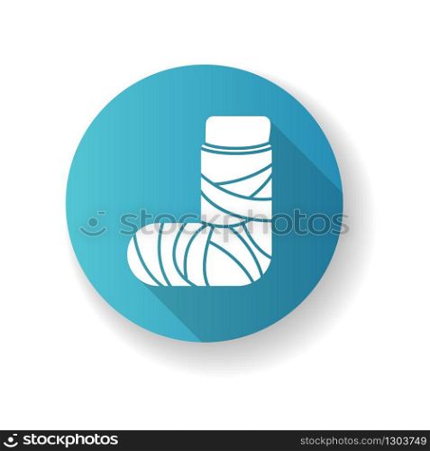 Broken foot blue flat design long shadow glyph icon. Bone fracture. Injured leg in plaster. Amputated limb. Accident. Trauma treatment. Hurt joint. Medical condition. Silhouette RGB color illustration