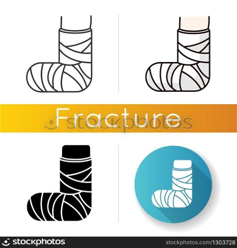 Broken foot icon. Bone fracture. Injured leg in plaster, bandage. Amputated limb. Trauma treatment. Hurt joint. Medical condition. Linear black and RGB color styles. Isolated vector illustrations