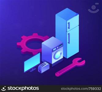 Broken fridge, washing machine, TV and toaster repair. Repair of household appliances, smart TV service, household master services concept. Ultraviolet neon vector isometric 3D illustration.. Repair of household appliances concept vector isometric illustration.
