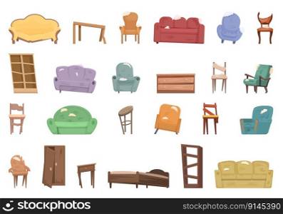 Broken furniture icons set cartoon vector. Interior room. Sofa old. Broken furniture icons set cartoon vector. Interior room