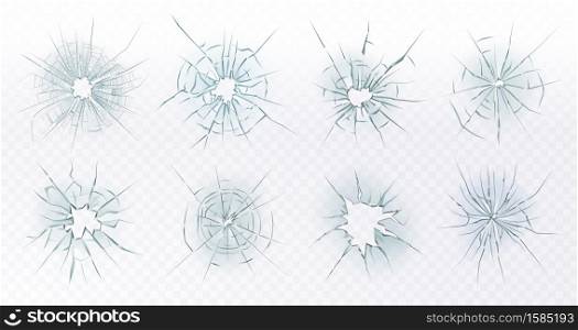 Broken glass. Cracked window glass, damaged shattered ice surface, crack hole computer screen 3D isolated vector illustration symbols set. Bullet marks on glass or car windshield with fissures. Broken glass. Cracked window glass, damaged shattered ice surface, crack hole computer screen 3D isolated vector illustration symbols set