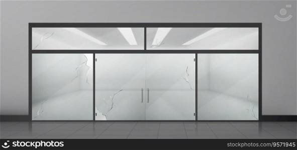 Broken glass door in shopping mall or office building. Vector realistic illustration of empty hall with room entrance, cracks on damaged showcase after robbery, tiled floor, led l&s on ceiling. Broken glass door in shopping mall