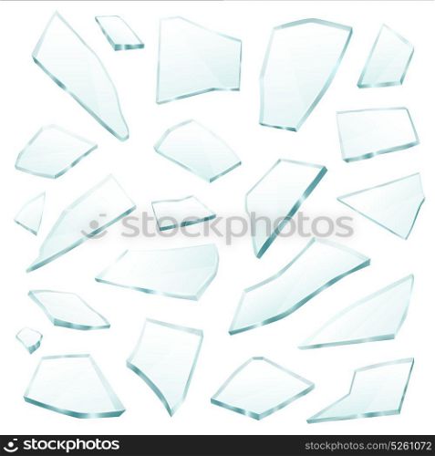 Broken Glass Fragments Shards Realistic Set . Broken plane transparent glass fragments shivers pieces shards various form and size collection realistic vector illustration