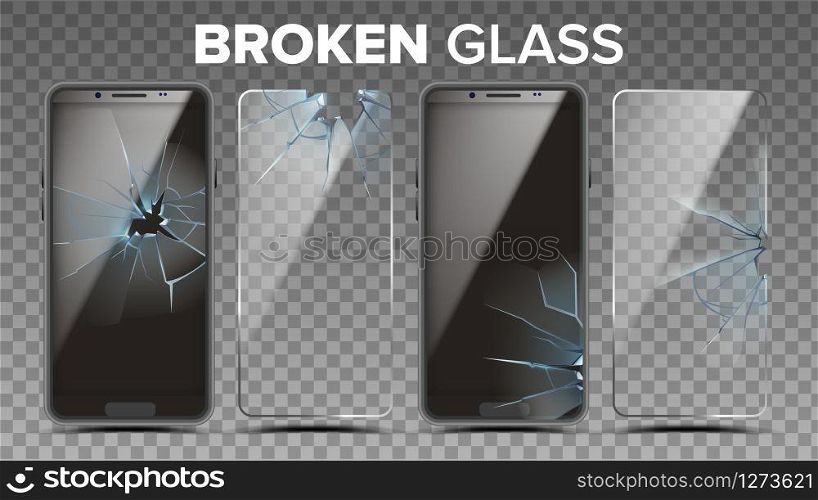 Broken Glass Phone Screen Protector Set Vector. Damaged Smartphone Protection Glass And Touchscreen. Transparent Tempered Modern Cellphone Display Cover Accessory Realistic 3d Illustration. Broken Glass Phone Screen Protector Set Vector