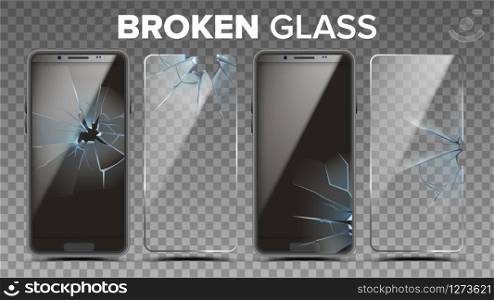 Broken Glass Phone Screen Protector Set Vector. Damaged Smartphone Protection Glass And Touchscreen. Transparent Tempered Modern Cellphone Display Cover Accessory Realistic 3d Illustration. Broken Glass Phone Screen Protector Set Vector