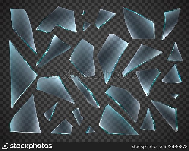 Broken glass shards. Realistic different random shapes pieces. 3D sharp chipped fragments. Transparent shattered window elements. Fragile clear surface. Vector isolated damaged mirror debris parts set. Broken glass shards. Realistic different random shapes pieces. 3D sharp chipped fragments. Transparent shattered window. Fragile clear surface. Vector isolated damaged mirror debris set