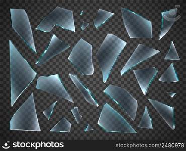 Broken glass shards. Realistic different random shapes pieces. 3D sharp chipped fragments. Transparent shattered window elements. Fragile clear surface. Vector isolated damaged mirror debris parts set. Broken glass shards. Realistic different random shapes pieces. 3D sharp chipped fragments. Transparent shattered window. Fragile clear surface. Vector isolated damaged mirror debris set