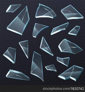 Broken glass shards. Realistic transparent different shapes pieces. 3D crashed fragments mockup with cracks. Isolated shattered window debris collection. Vector damaged mirror triangular particles set. Broken glass shards. Realistic transparent different shapes pieces. 3D crashed fragments with cracks. Shattered window debris collection. Vector damaged mirror triangular particles set