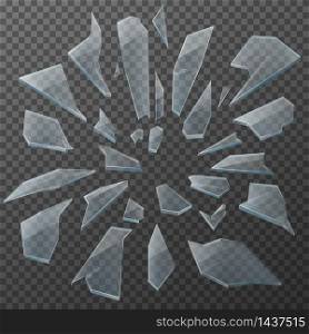 Broken glass shards realistic vector design. Transparent glass debris of shattered window, crashed pieces, cracked fragments and small particles with sharp edges on transparent background. Broken glass shards, realistic transparent pieces