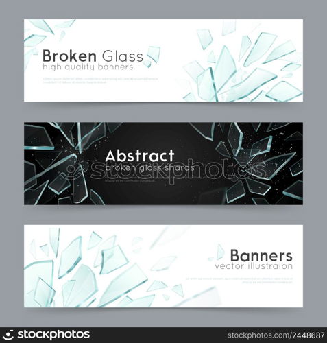 Broken glass shattered fragments on black and white background 3 abstract decorative horizontal banners set vector illustration . Broken Glass 3 Decorative Banners