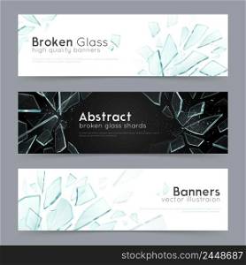 Broken glass shattered fragments on black and white background 3 abstract decorative horizontal banners set vector illustration . Broken Glass 3 Decorative Banners