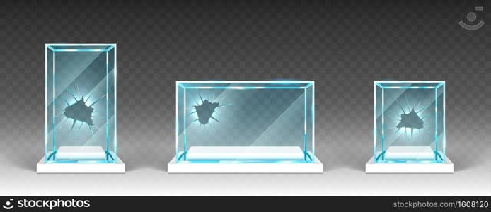 Broken glass showcases, displays, exhibit stands, transparent boxes with holes on white base front view. Damaged crystal blocks, exhibition or award podiums, isolated realistic 3d vector objects set. Broken glass showcases, displays, exhibit stands