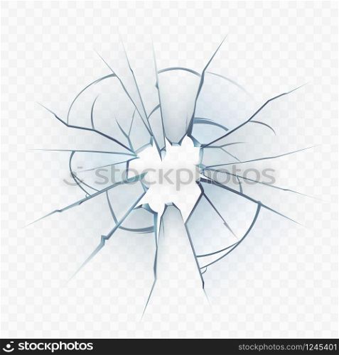 Broken Glass Window Smashed Bullet Hole Vector. Crime Crashed, Damaged And Shattered Glass. Destruction Texture Screen Material Transparent Concept Template Realistic 3d Illustration. Broken Glass Window Smashed Bullet Hole Vector