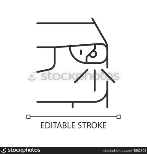 Broken headlight linear icon. Vehicle with cracked taillights. Potential driving hazard. Thin line customizable illustration. Contour symbol. Vector isolated outline drawing. Editable stroke. Broken headlight linear icon