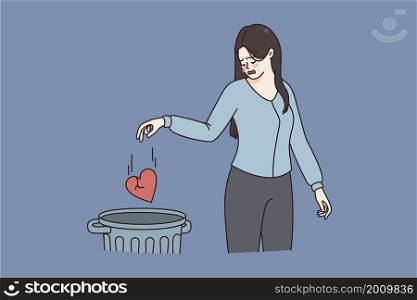 Broken heart ad depression concept. Young sad unhappy disappointed crying woman standing and throwing broken heart into garbage bin vector illustration . Broken heart ad depression concept