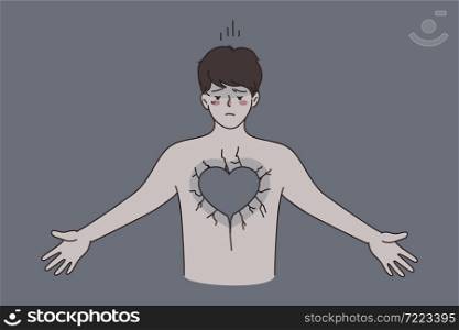 Broken heart and negative emotions concept. Young unhappy man in depression standing with grey stone heart feeling nothing vector illustration . Broken heart and negative emotions concept.