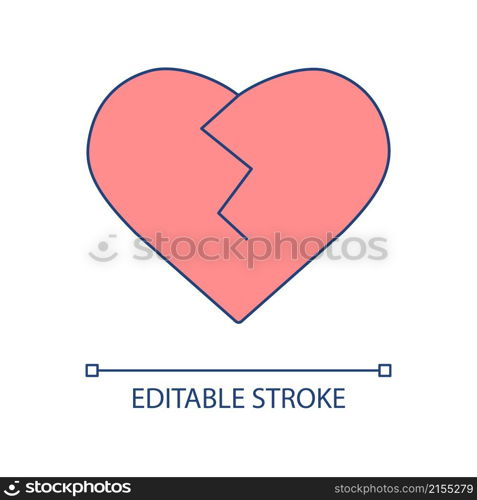 Broken heart RGB color icon. Love and romantic relationship breakdown. Divorce and separation. Isolated vector illustration. Simple filled line drawing. Editable stroke. Arial font used. Broken heart RGB color icon