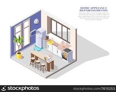 Broken home appliances isometric composition with leaking fridge burning oven and microwave in kitchen 3d vector illustration