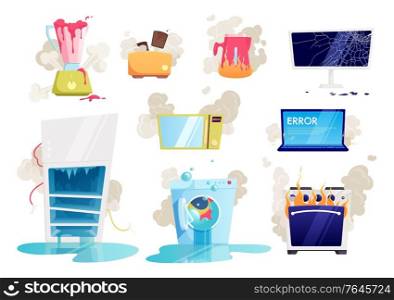 Broken household appliances gadgets realistic and flat icon set with leak and fire vector illustration