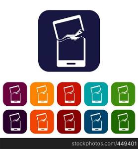 Broken phone icons set vector illustration in flat style In colors red, blue, green and other. Broken phone icons set flat