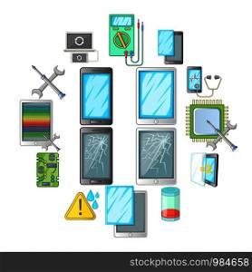 Broken phones fix icons set. Cartoon illustration of 16 broken phones fixl vector icons for web. Broken phones fix icons set, cartoon style
