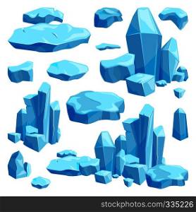 Broken pieces of ice. Game design vector illustrations in cartoon style. Blue ice frost and cool object. Broken pieces of ice. Game design vector illustrations in cartoon style