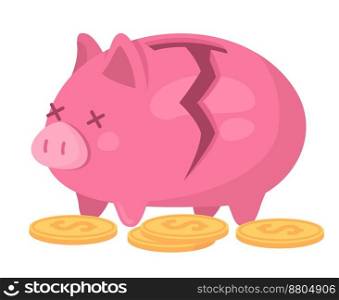 Broken piggy bank with coins semi flat color vector object. Editable element. Items on white. Lost savings. Financial trouble simple cartoon style illustration for web graphic design and animation. Broken piggy bank with coins semi flat color vector object