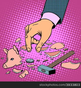 broken piggy Bank with money pop art retro style. People smashed with a hammer pig figurine. broken piggy Bank with money