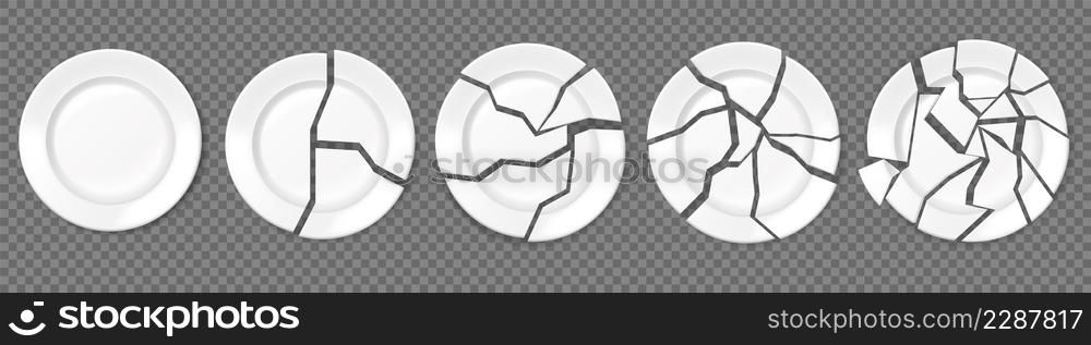Broken plates, shattered food plate, cracked porcelain dishes. Realistic empty white dish broke into pieces, ceramic shards vector set. Illustration of plate shattered dish and broken dishware. Broken plates, shattered food plate, cracked porcelain dishes. Realistic empty white dish broke into pieces, ceramic shards vector set