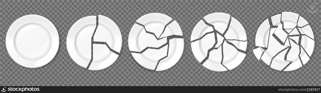 Broken plates, shattered food plate, cracked porcelain dishes. Realistic empty white dish broke into pieces, ceramic shards vector set. Illustration of plate shattered dish and broken dishware. Broken plates, shattered food plate, cracked porcelain dishes. Realistic empty white dish broke into pieces, ceramic shards vector set