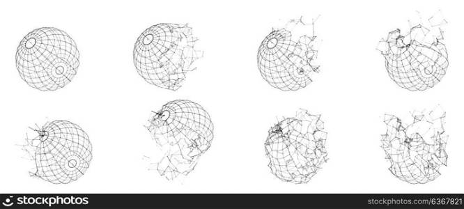 Broken Polygonal Wireframe Sphere. Fractured Geometric Form. Lines Network Polygons of Circle. Broken Polygonal Wireframe Sphere. Fractured Geometric Form. Lines Network Polygons of Circle - Illustration Vector