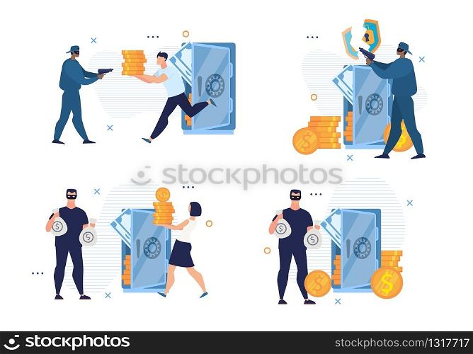 Broken Security System. Cyber Crime. Bank Attack. Cartoon People Armed Men Thief and Injured Financial Structure Employees Characters Set. Robbery and Bankers. Money Theft. Vector Flat Illustration. Broken Bank Security System and Cyber Crime Set