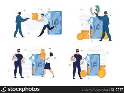 Broken Security System. Cyber Crime. Bank Attack. Cartoon People Armed Men Thief and Injured Financial Structure Employees Characters Set. Robbery and Bankers. Money Theft. Vector Flat Illustration. Broken Bank Security System and Cyber Crime Set