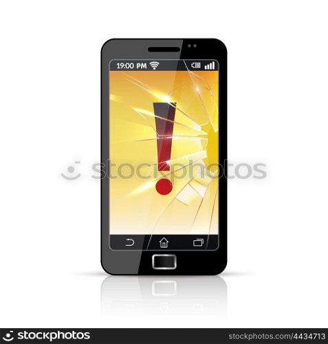 Broken Smart Phone Flat Icon . Modern smart cell phone with cracked screen and big red exclamation sign glossy flat icon vector illustration