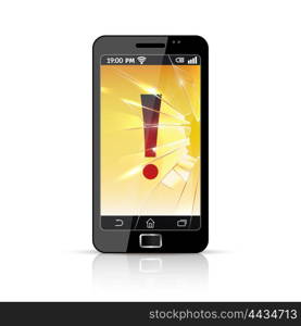 Broken Smart Phone Flat Icon . Modern smart cell phone with cracked screen and big red exclamation sign glossy flat icon vector illustration