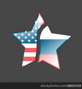Broken Star with USA and Russia flags. New Cold War illustration. Star with USA and Russia flags