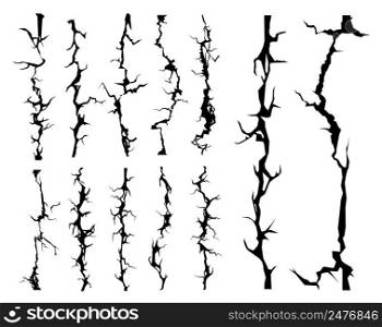 Broken wall cracks, cleft and crackle, seamless vector effects for background. Broken wall breaks and earthquake cracks, split ground clefts and crackles of concrete destruction or cracked damage. Broken wall cracks, cleft crackles, break splits