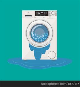 Broken washing machine from which water flows. Calling the master. Vector illustration in flat style. Broken washing machine from which water flows. Calling the master