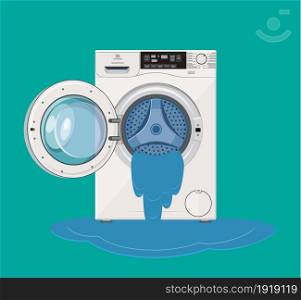 Broken washing machine from which water flows. Calling the master. Vector illustration in flat style. Broken washing machine from which water flows. Calling the master