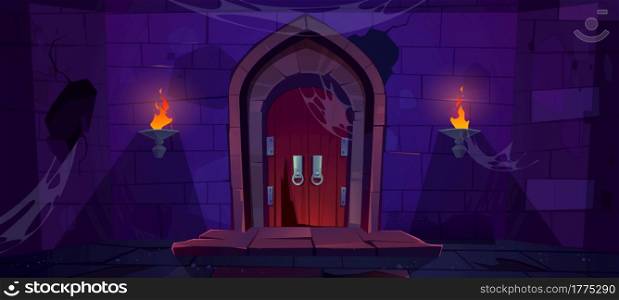Broken wooden door in medieval castle. Old wood gate in stone wall with flaming torches at night. Vector cartoon illustration of entrance to dungeon, prison or abandoned fortress. Broken wooden door in old medieval castle