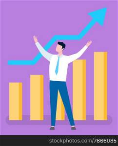 Broker and growing sales demonstrated on statistical graph by raising arrow. Vector cartoon person and growth of rates, achievement of best results. Broker and Growing Sales Demonstrated on Graph