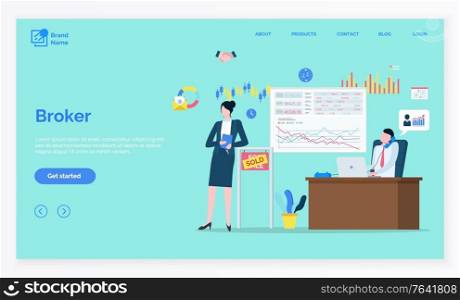Broker character, man and woman marketing technology, board with graph report. Financial deal, sold board, exchange or insurance online vector. App slider with links template, landing page flat style. Financial Deal, Broker Online, Marketing Vector