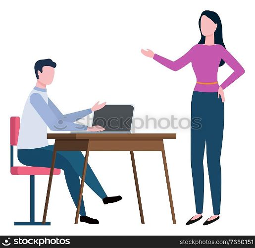 Broker collaboration or worker consultation to client on workplace. Man communication with laptop, woman speaking, company work, professional vector. People Speaking in Office, Brokers Work Vector