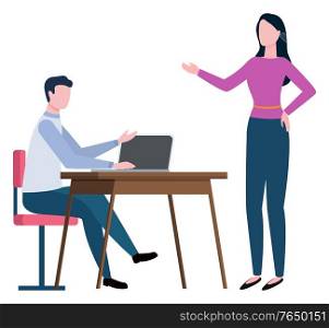 Broker collaboration or worker consultation to client on workplace. Man communication with laptop, woman speaking, company work, professional vector. People Speaking in Office, Brokers Work Vector