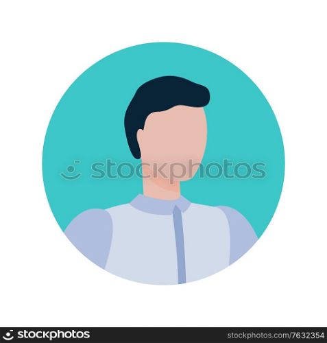 Broker face portrait in round frame isolated cartoon style person. Vector faceless male online consultant profile view, executive worker economist character. Broker Face Portrait in Frame Isolated Character
